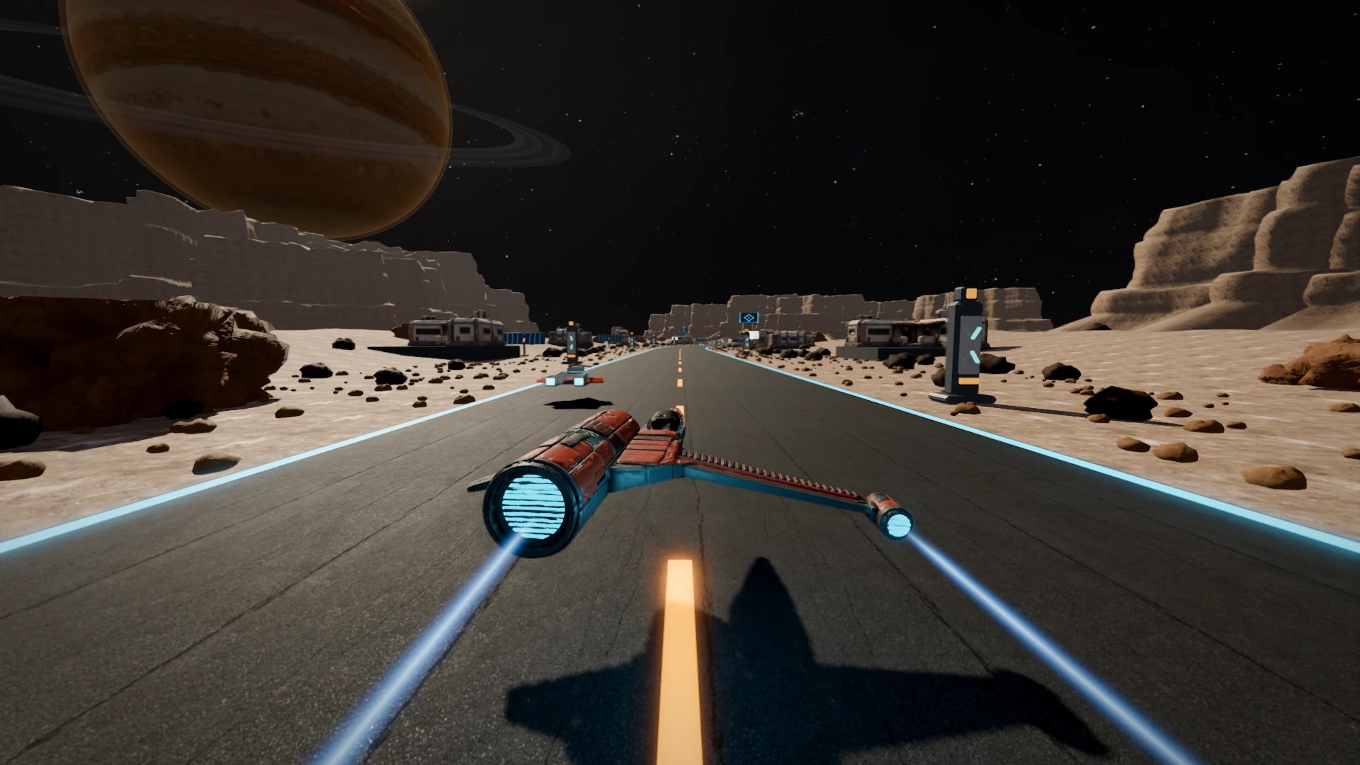 Vela races along a lit highway on the moon, with a ringed planet in the sky.
