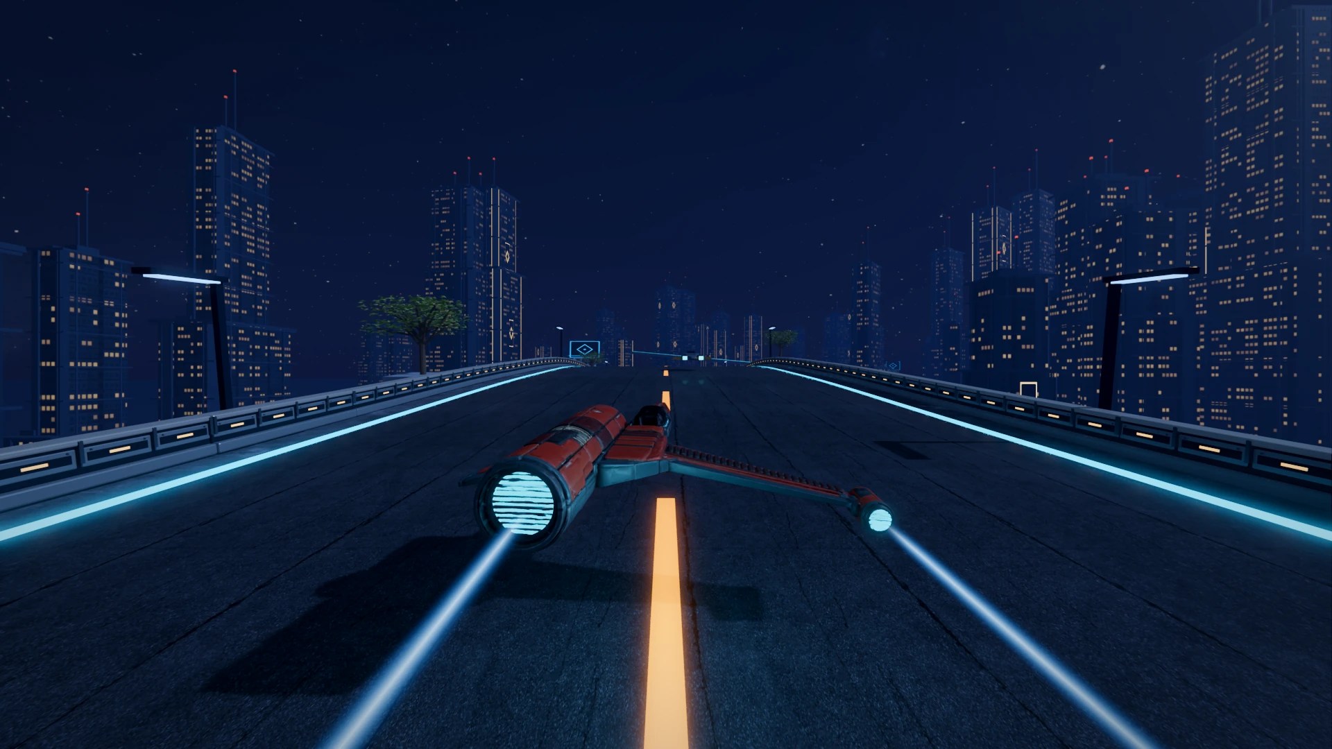 Vela flies along an elevated highway between lit towers at night.