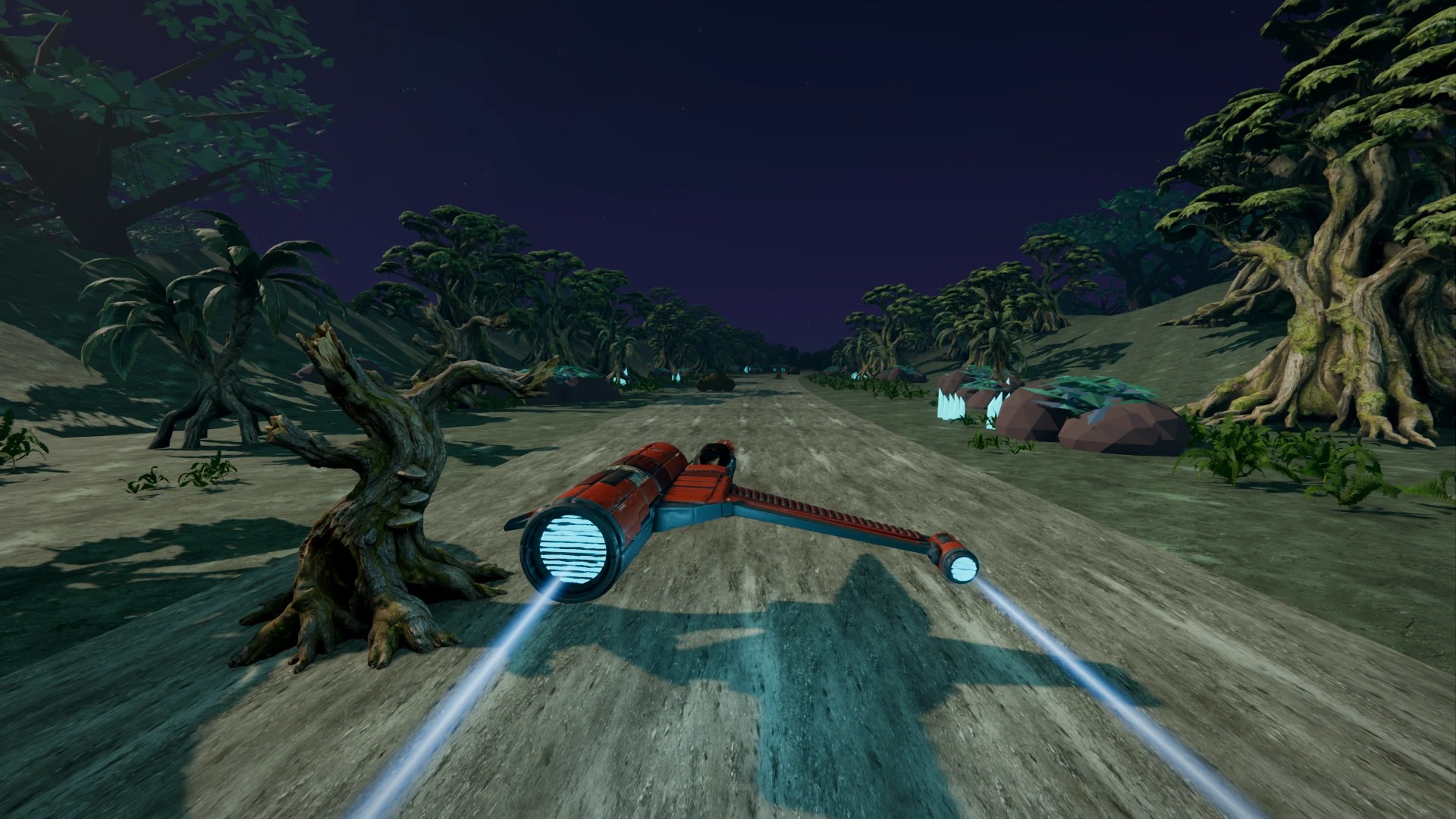 Vela flies low between old trees and glowing crystals on Vesper.