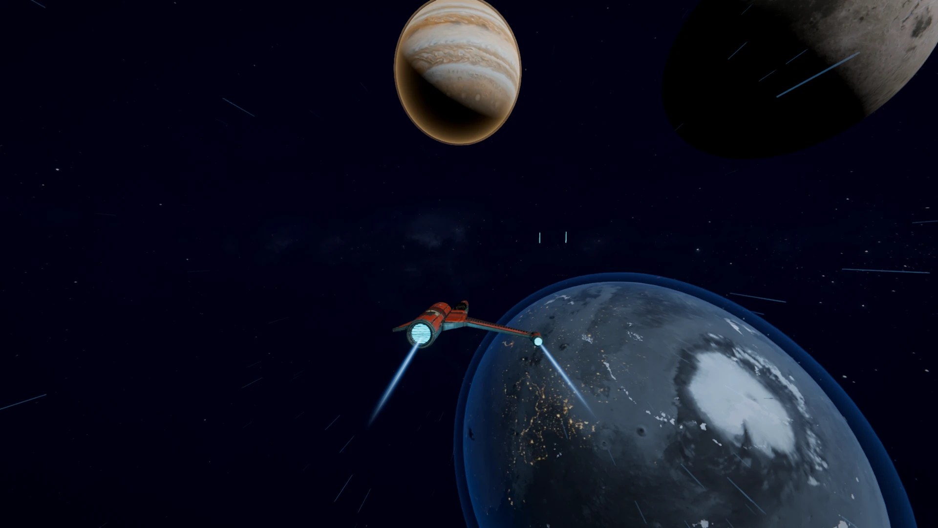 Vela flies above a planet, with a moon and a gas giant in the distance.
