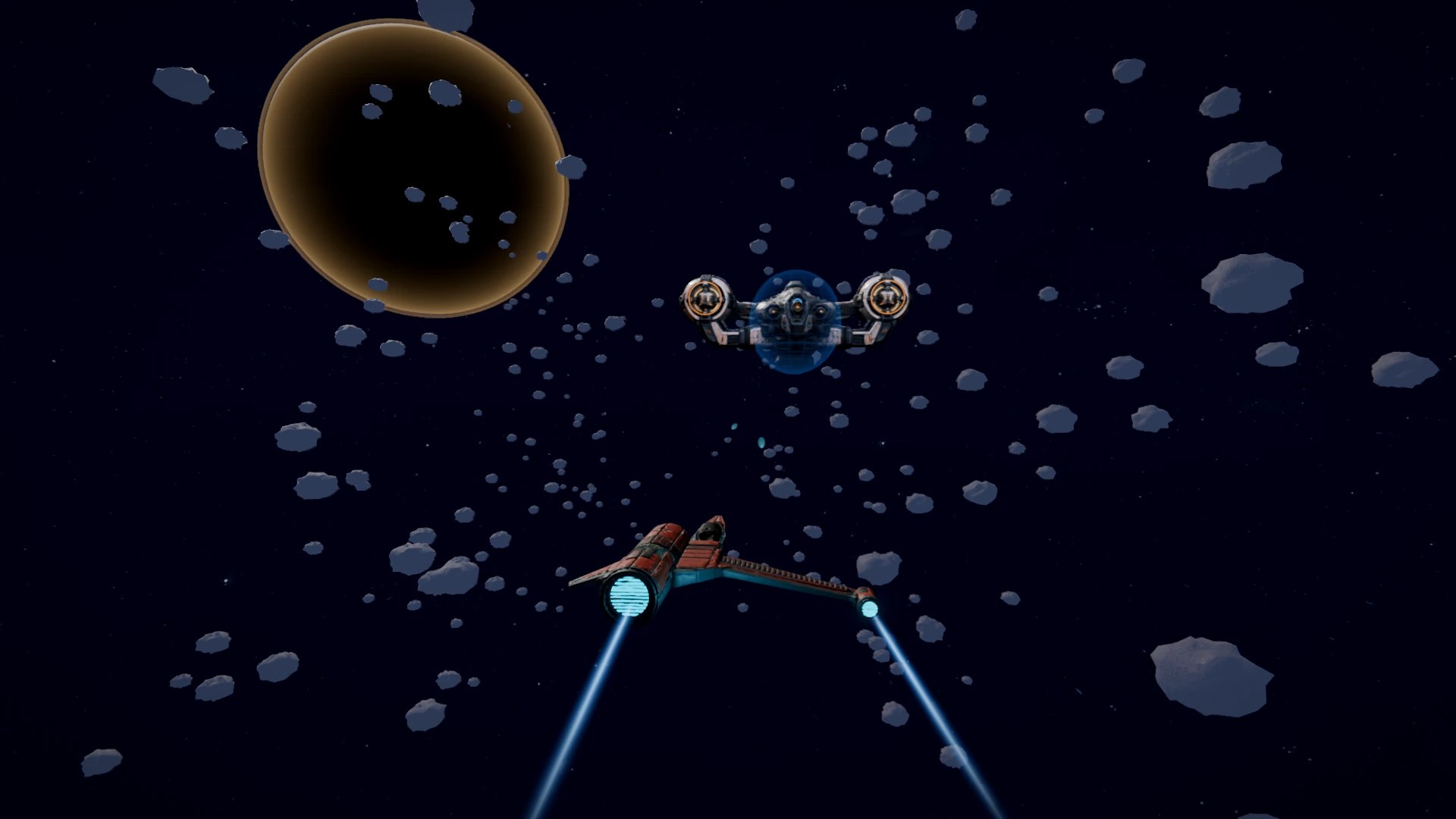 Vela faces the shielded Aegis Collector in an asteroid field.