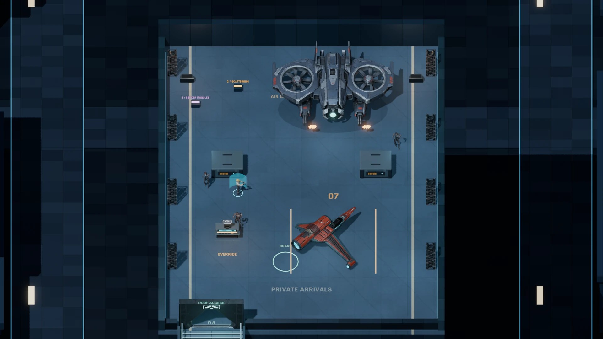 Nova faces the Mantis gunship and security troops on a rooftop landing pad.