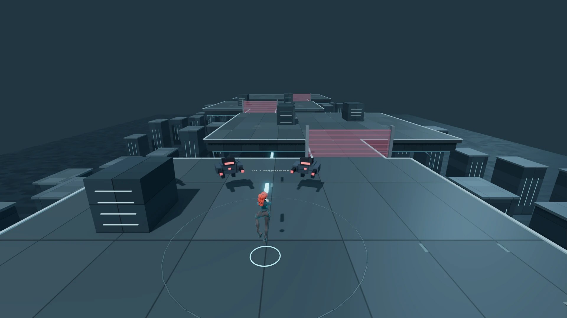 Vela floats through a digital security arena and fires energy packets from her hands.