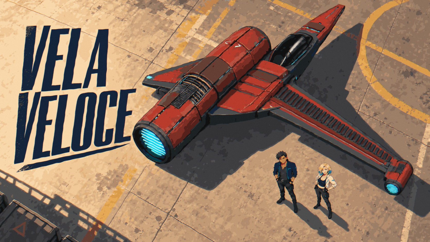 Rooke and Nova stand next to the red ship Vela on a landing pad, seen from above.