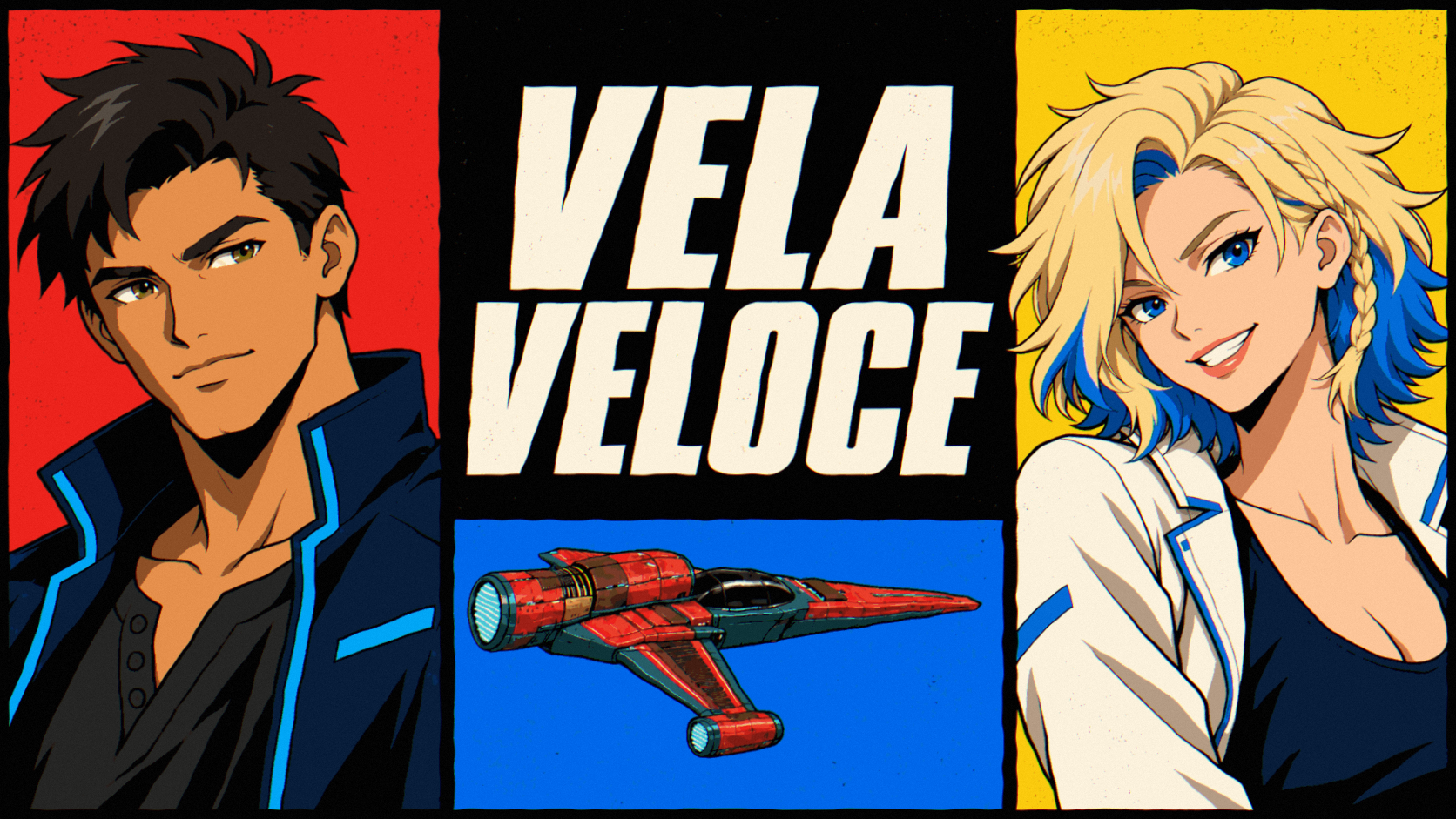 Three panels: Rooke on red, the Vela Veloce title with the ship on blue, and Nova on yellow.