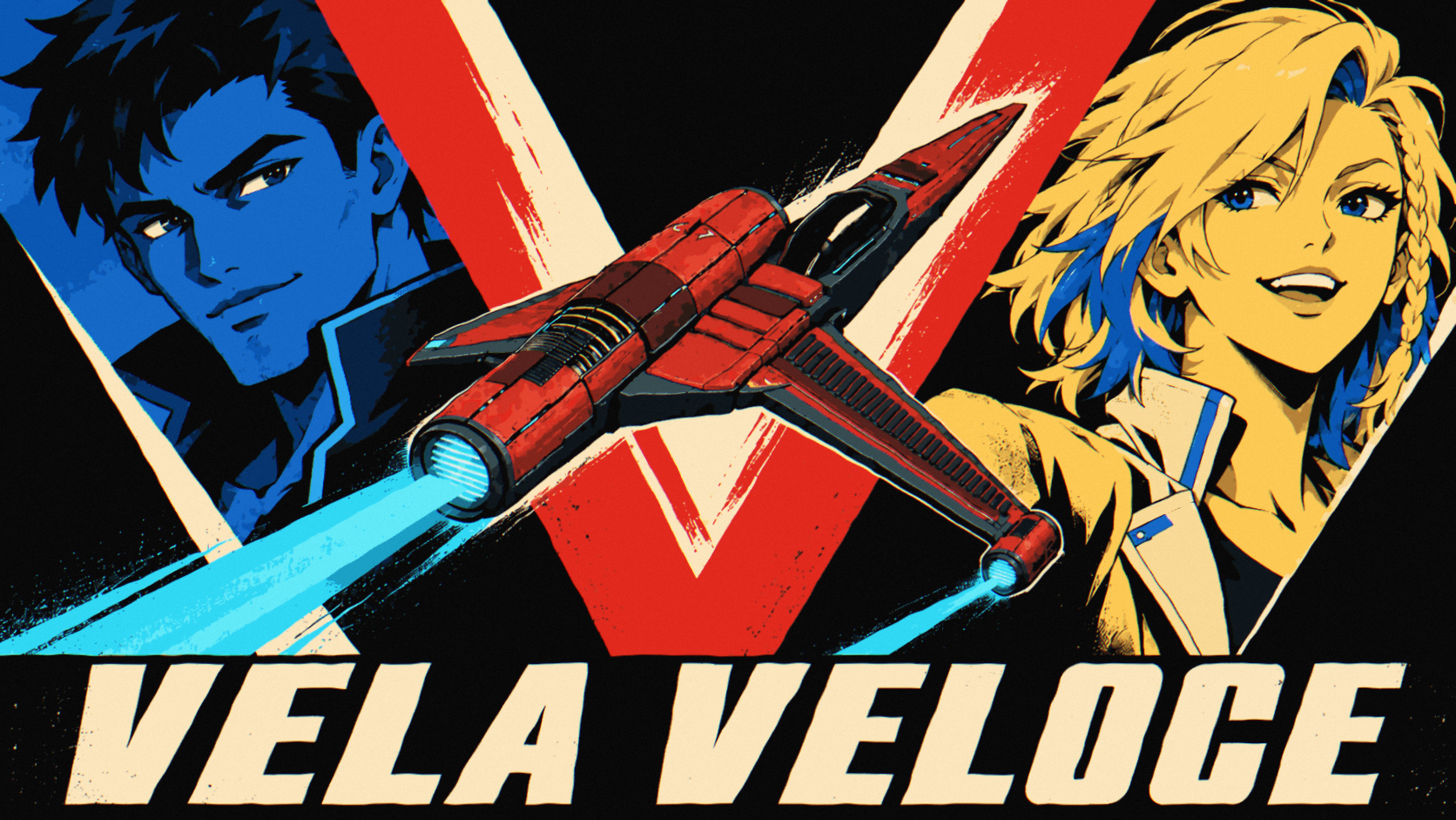 Vela Veloce key art. Rooke on the left, Nova on the right, and the red ship Vela flying across a big red V.